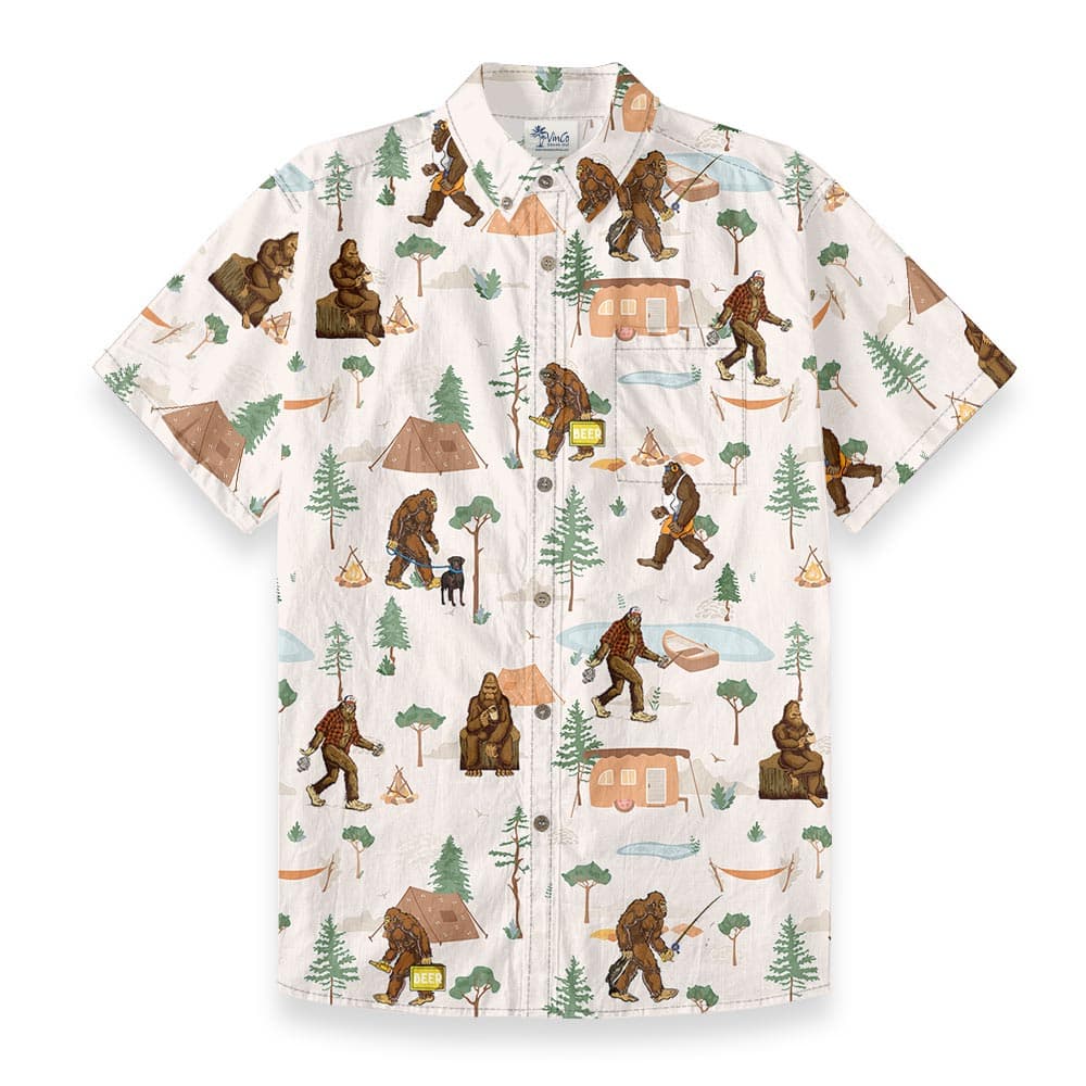 Bigfoot Camping Button Down Cotton Hawaiian Shirt