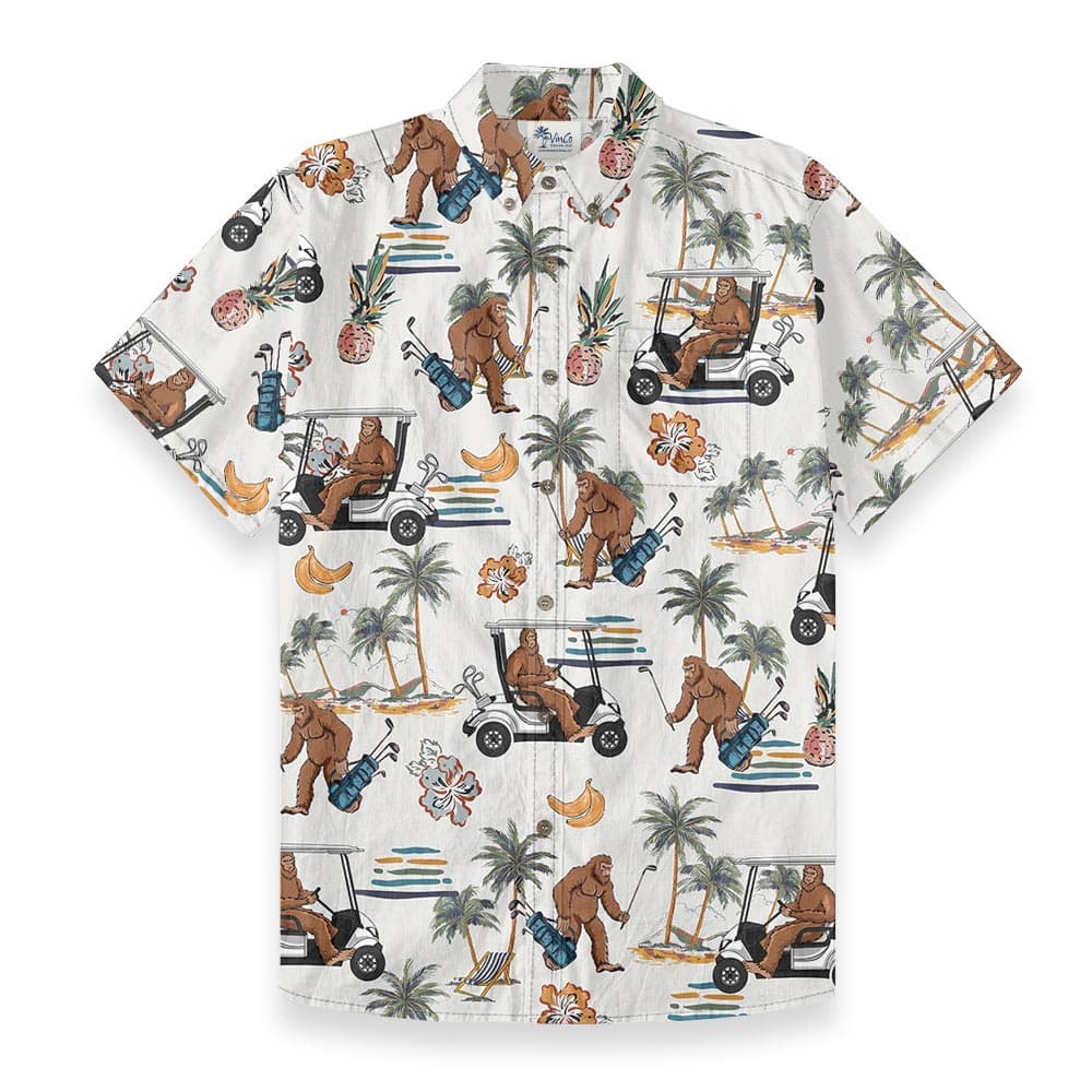 Bigfoot Playing Golf Button Down Aloha Shirt Cotton