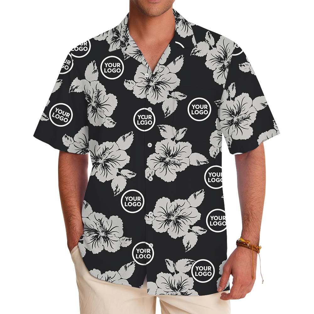 Black And Gray Floral Aloha Shirt With Logo