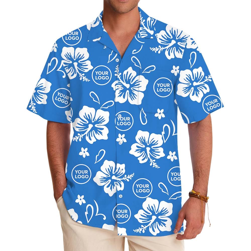 Blue Aloha Hawaiian Shirt With Multiple Logos