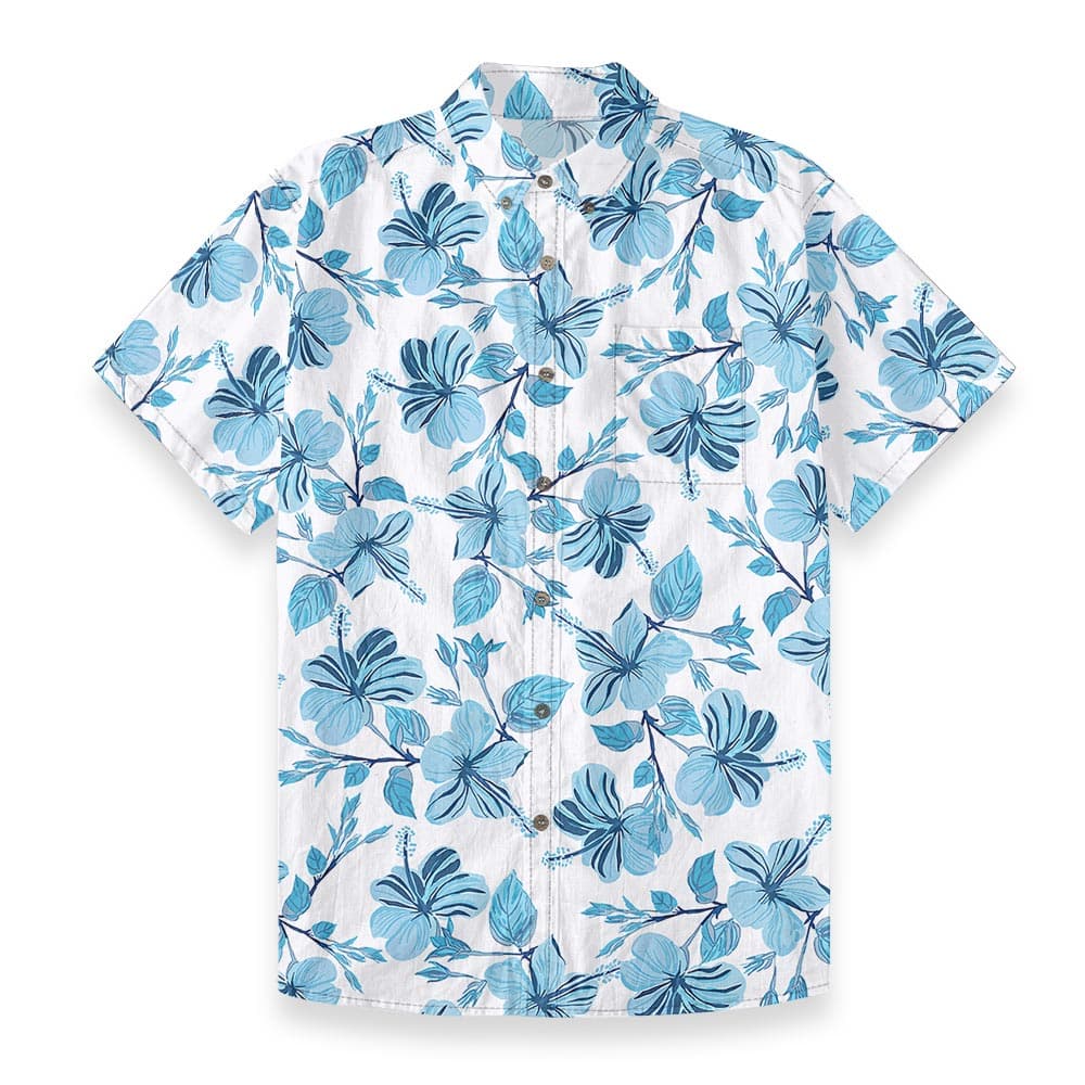 Blue Hibiscus Cotton Button Down White Hawaiian Shirt front view