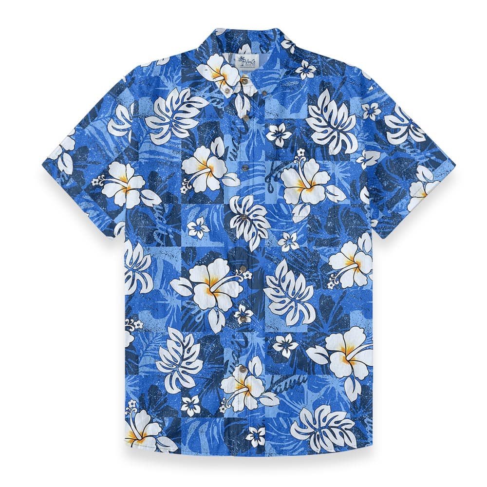 Blue Hibiscus Vintage Hawaiian Button Down Shirt Cotton front view