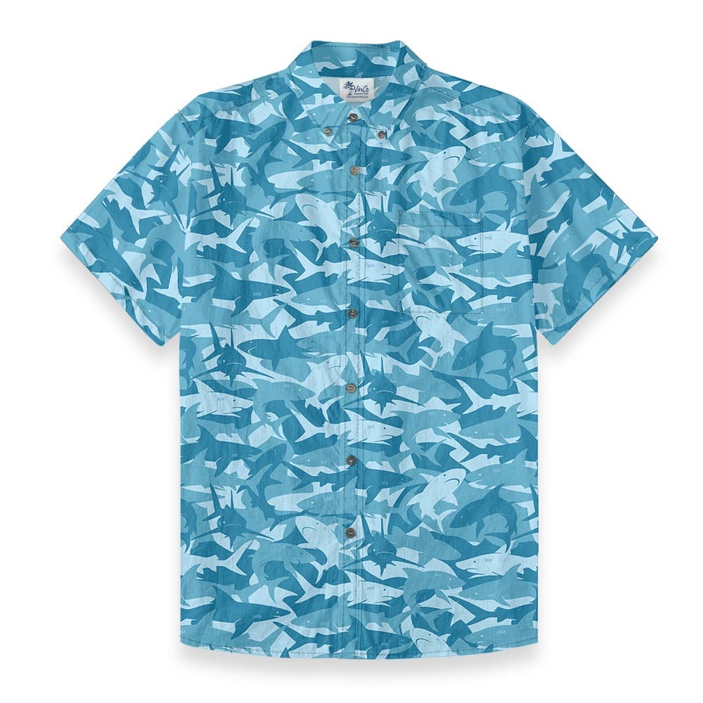 Blue Shark Print Men Button Down Hawaiian Shirt Cotton front view