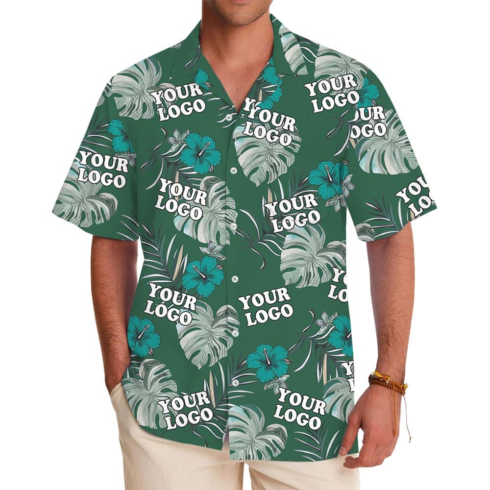 Bulk Order Custom Logo Company Hawaiian Shirt Green Hibiscus