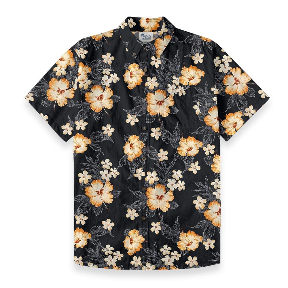 Classic Hibiscus Black Aloha Shirt Button Down Cotton front view