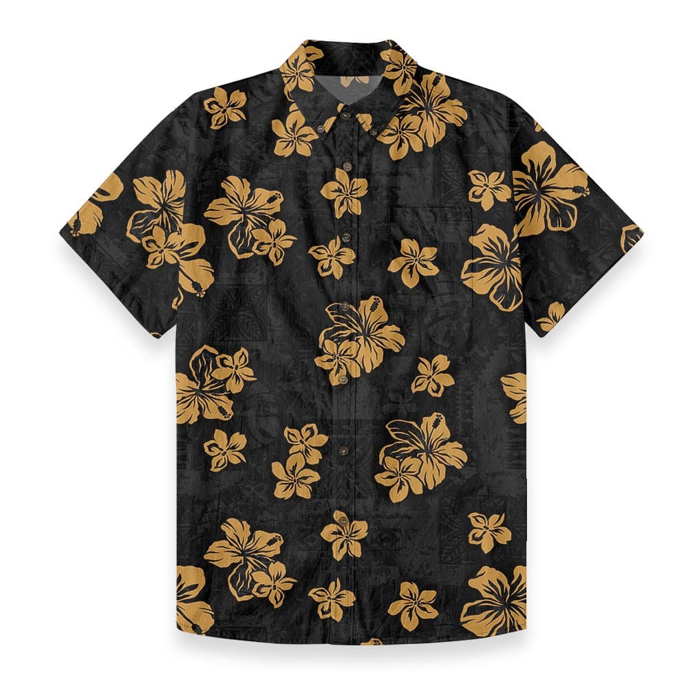 Classic Hibiscus Black Button Down Shirt Premium Cotton front view
