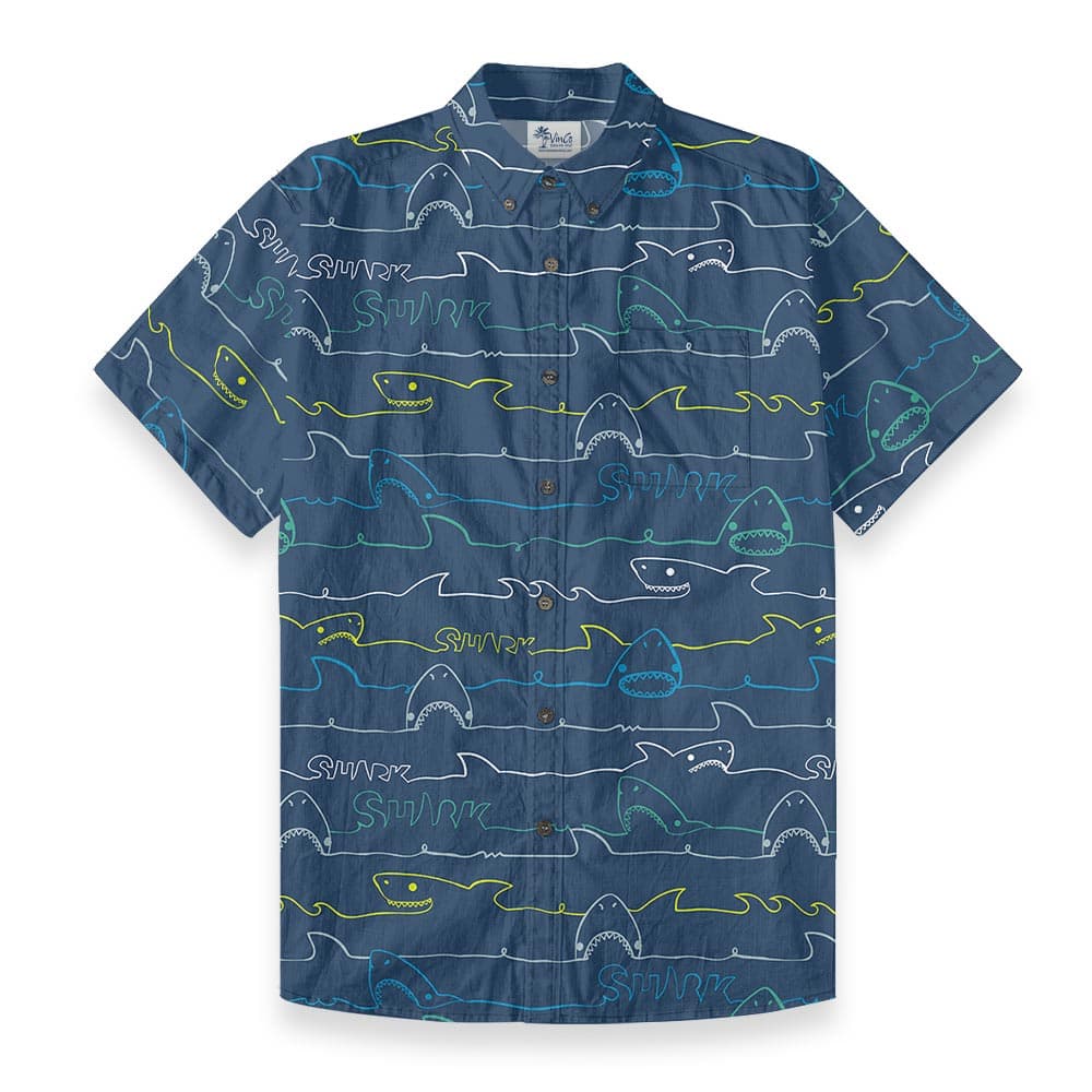 Cotton Shark Print Navy Button Down Shirt For Men front view