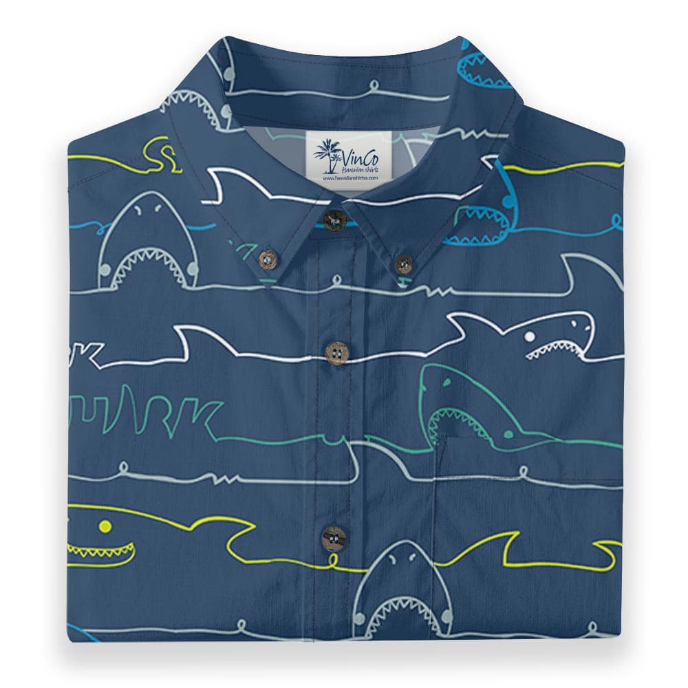 Cotton Shark Print Navy Button Down Shirt For Men (4)