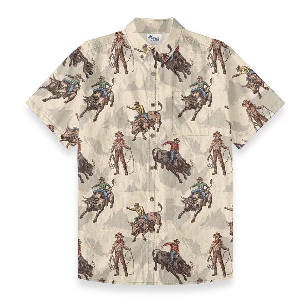 Cowboy Riding Bull Men's Button Down Cotton Shirt