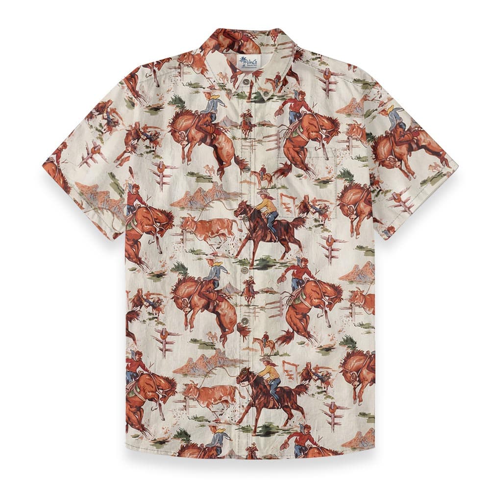 Cowboy Riding Horses Hawaiian Shirt Button Down Cotton