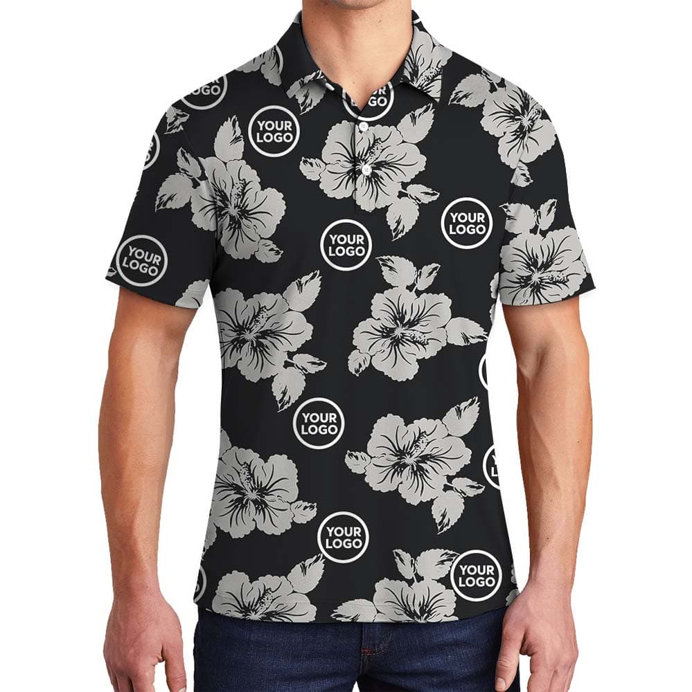 Black And Gray Floral Aloha Shirt With Logo