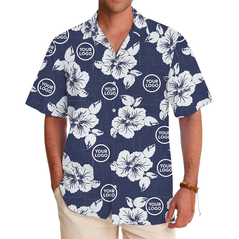 Custom Branding Navy Hawaiian Shirt
