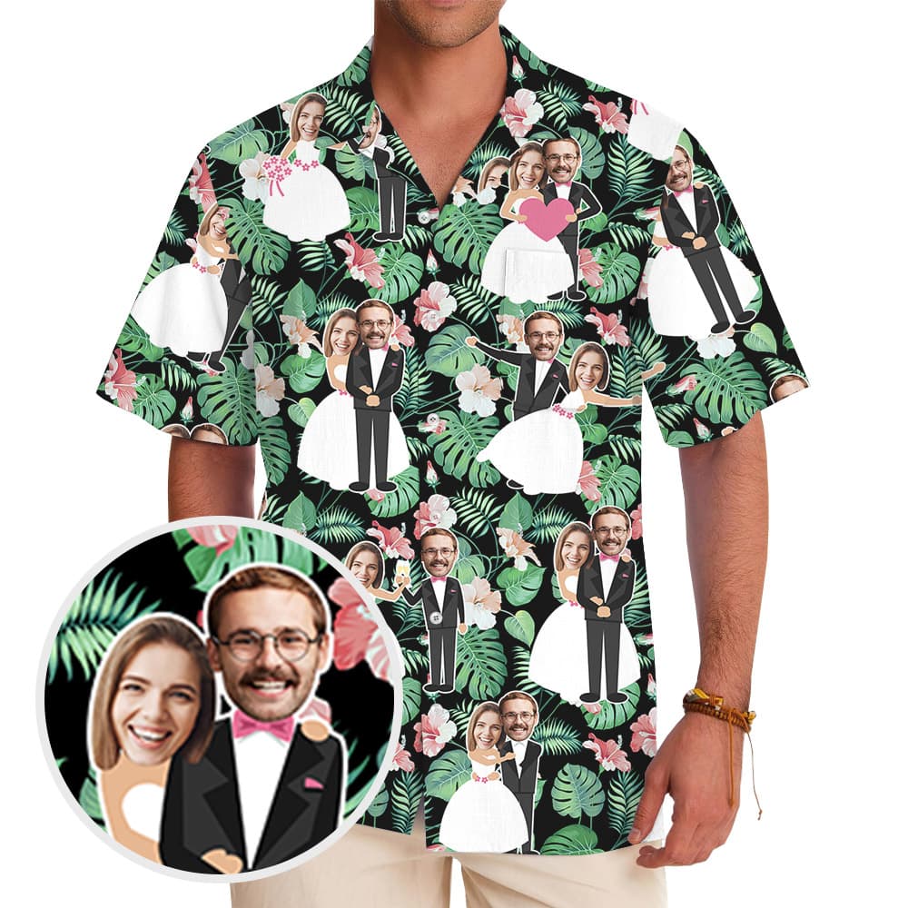Custom Faces Bride And Groom Wedding Hawaiian Shirt