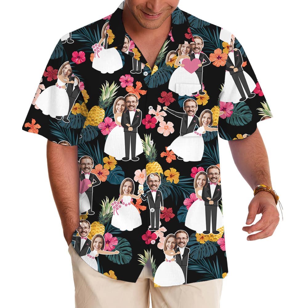 Custom Faces Couple Wedding Hawaiian Shirt With Preview