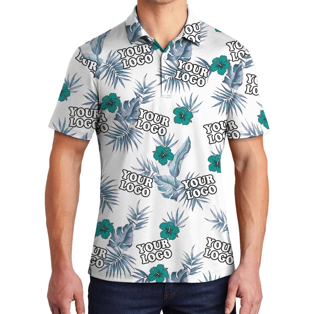 Custom Logo Green Hibiscus White Hawaiian Polo Shirt for men