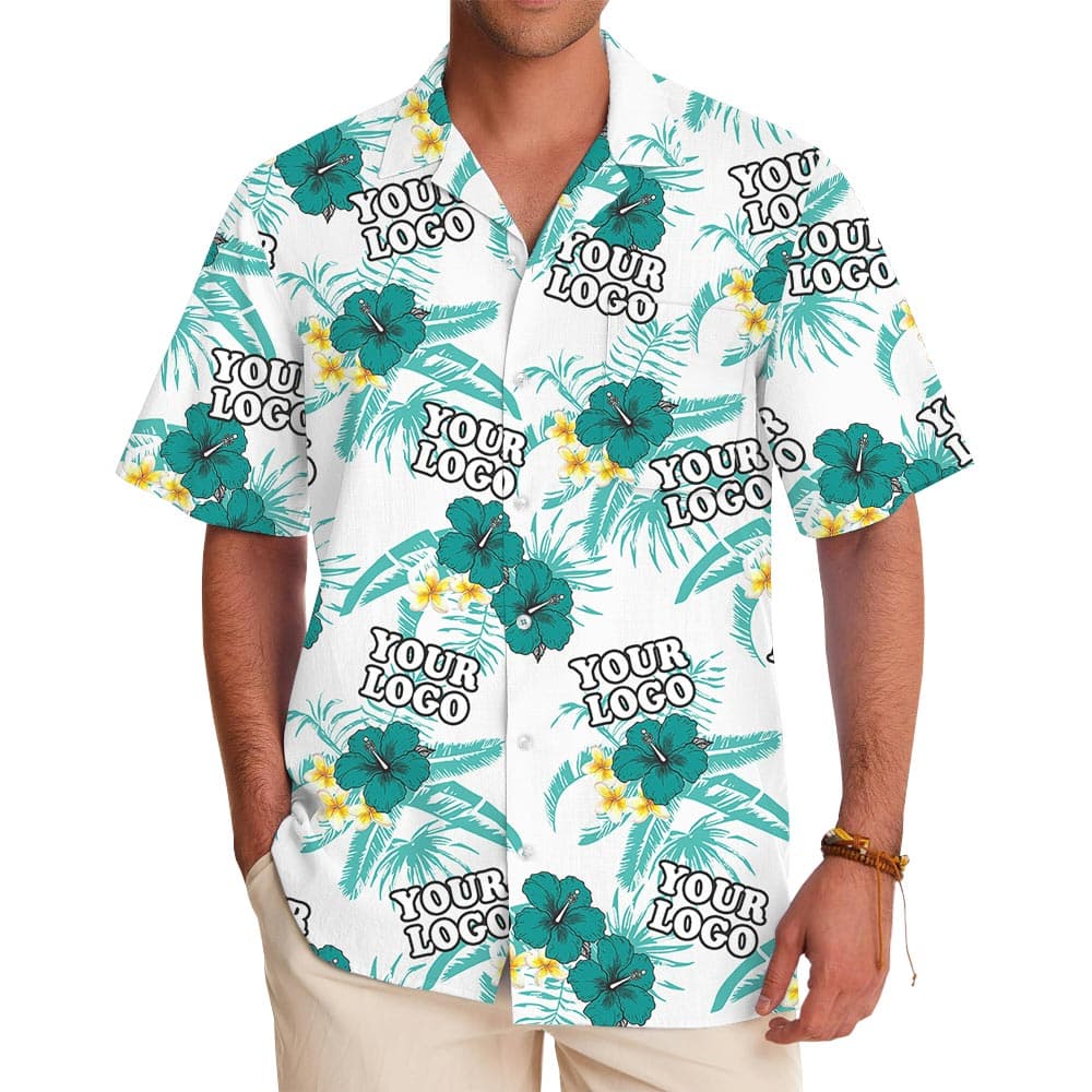 Custom Logo Green Tropical White Aloha Shirt