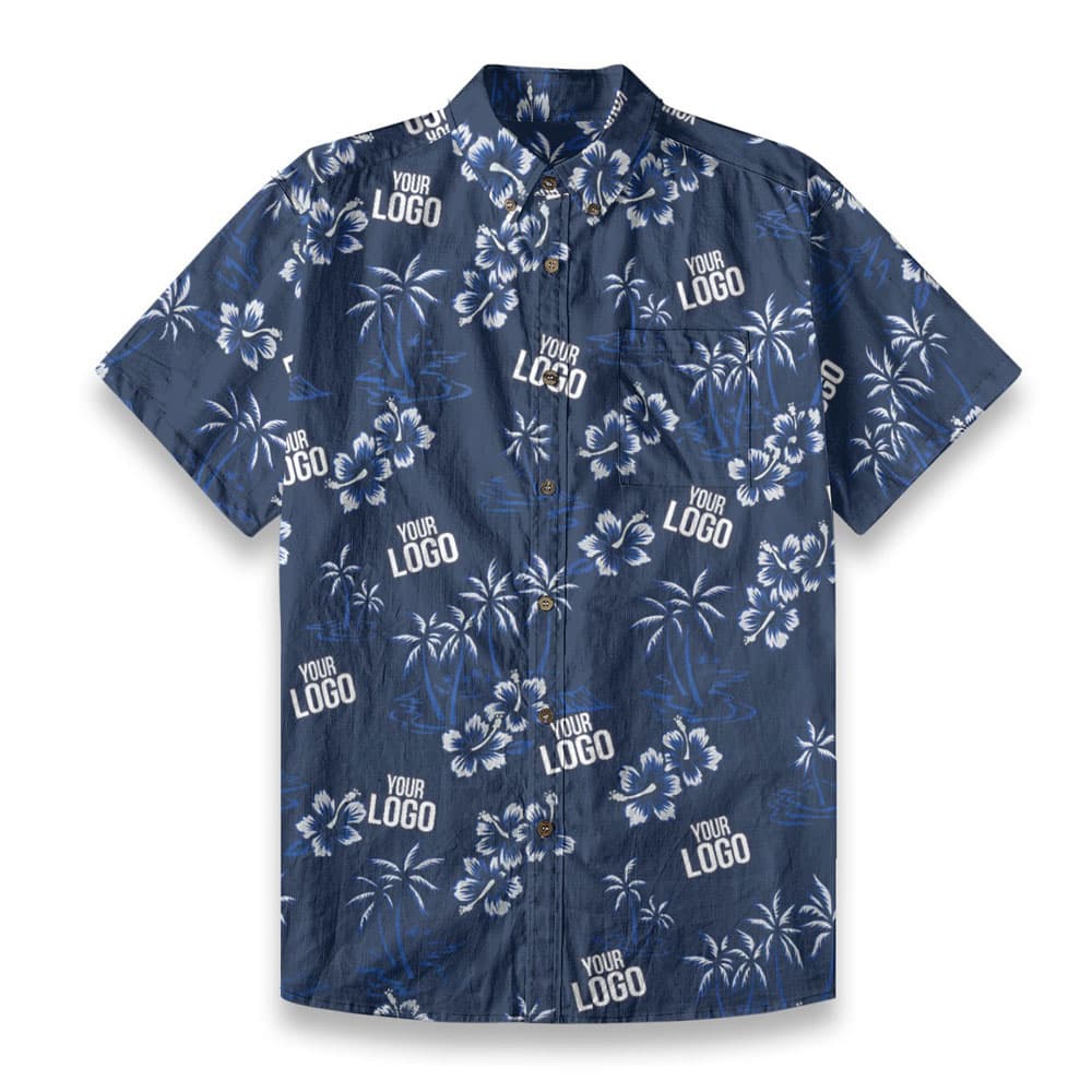 Custom Logo Hibiscus Navy Button Down Hawaiian Shirt Cotton with preview