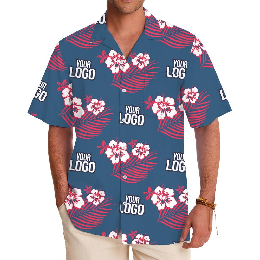 Custom Logo Pink Hibiscus Navy Hawaiian Beach Shirt