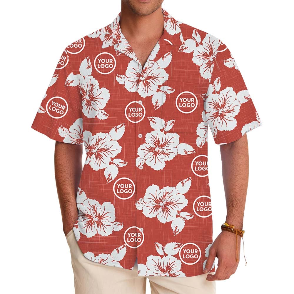 Custom Logo Red Button Up Shirt With Floral Print