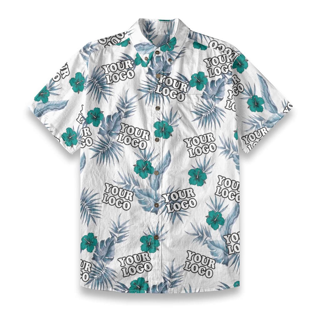 Custom Logo White Button Down Cotton Aloha Shirt