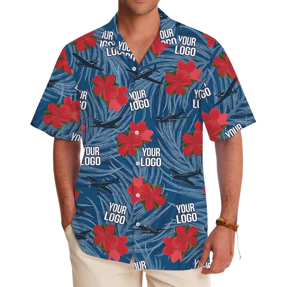 Custom Military Aircraft Logo Red Flowers Blue Tropical Shirt