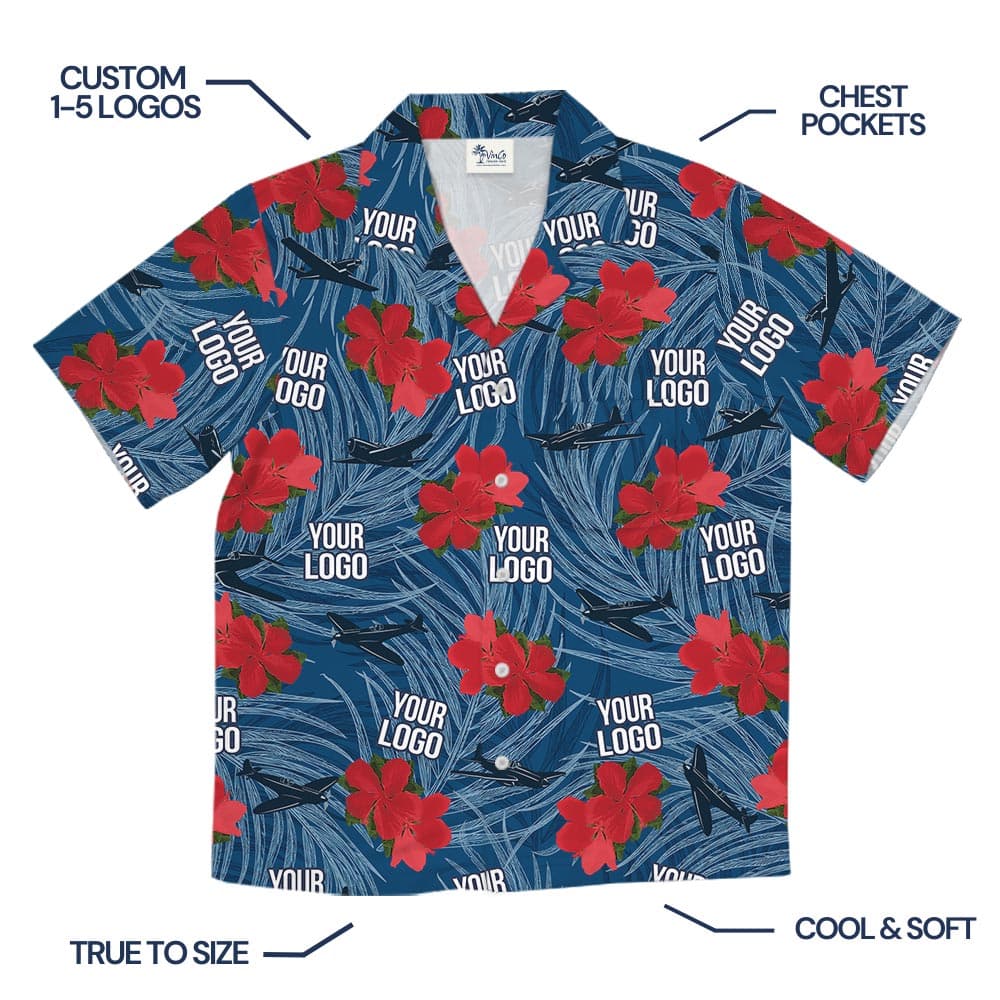 Custom Military Aircraft Logo Red Flowers Blue Tropical Shirt (3)