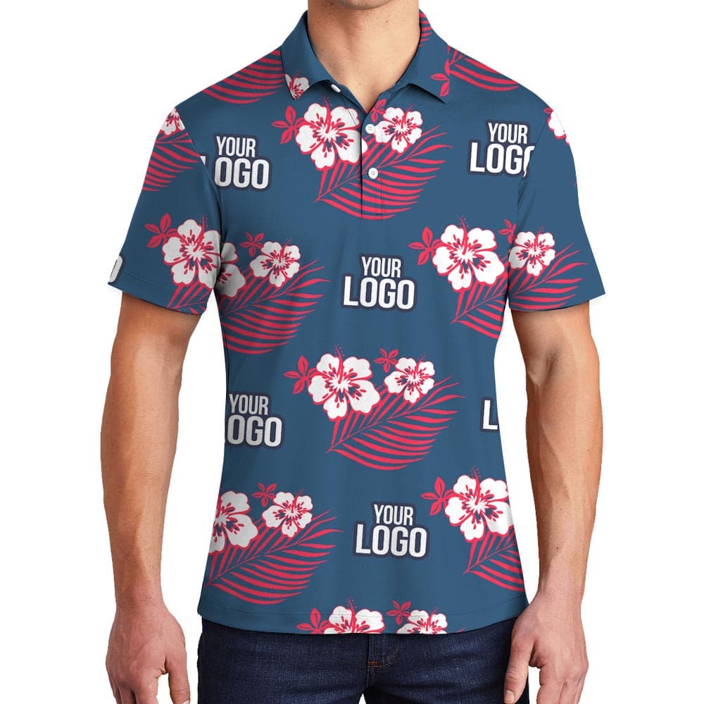 Custom Your Logo Pink Flowers Navy Aloha Polo Shirt