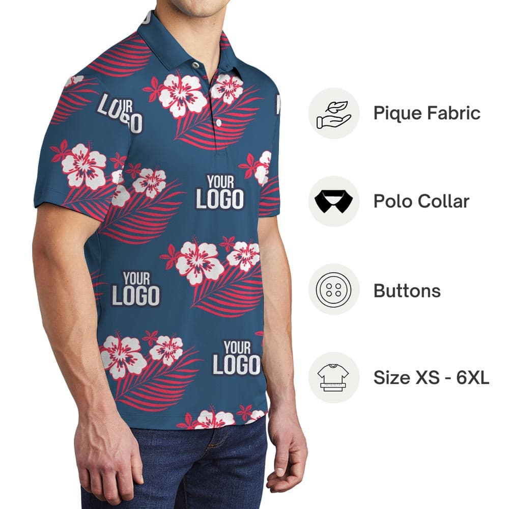 Custom Your Logo Pink Flowers Navy Aloha Polo Shirt