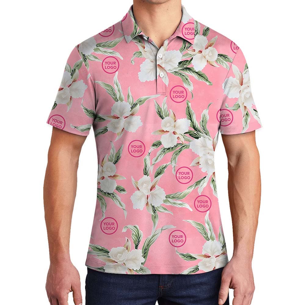 Elegant Floral Pink Polo Shirt With Custom Logos