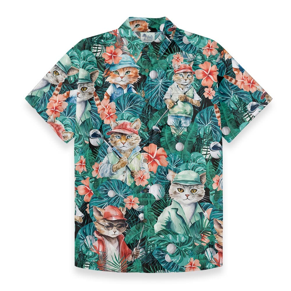 Funny Cat Golf Tropical Button Down Cotton Shirt