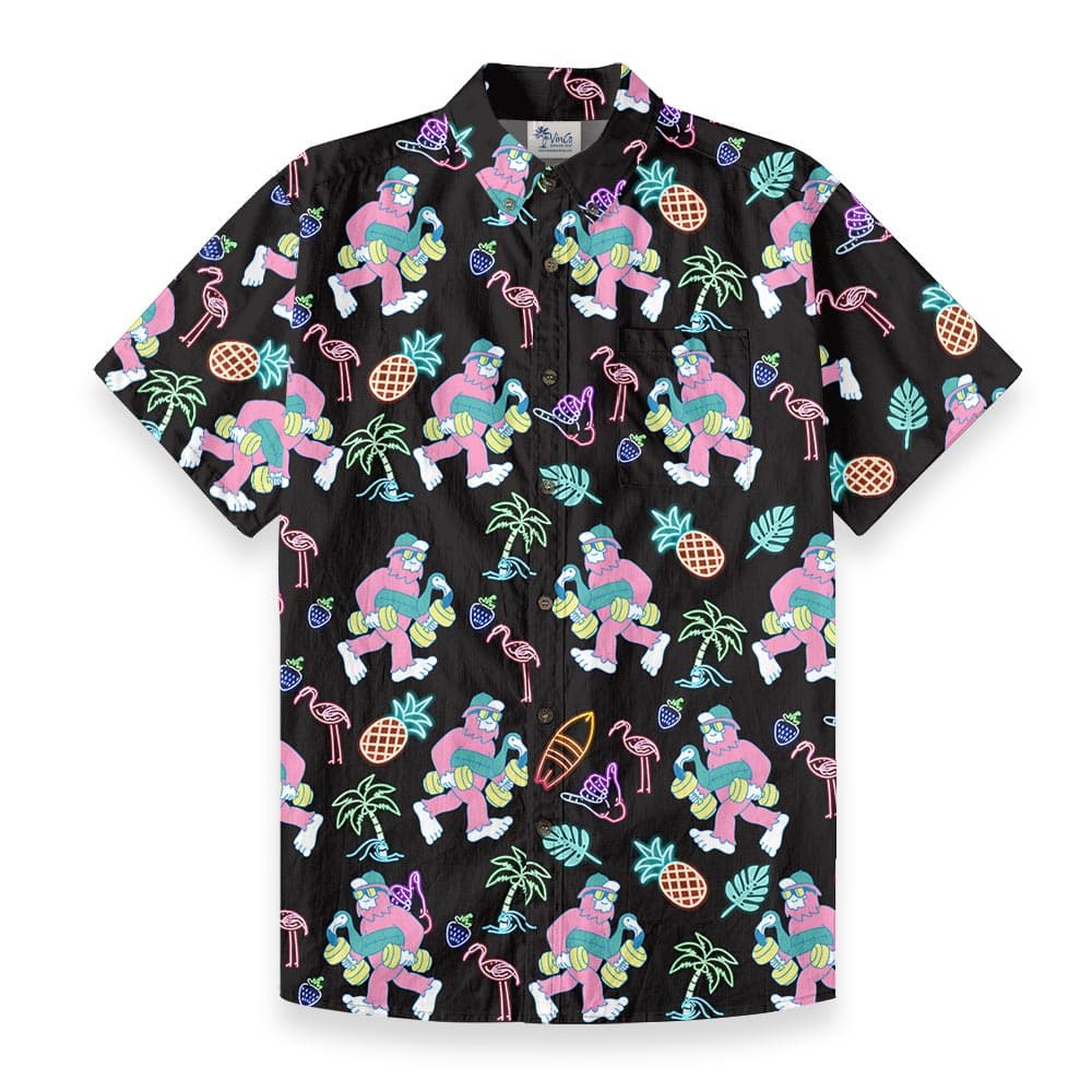 Funny Neon Bigfoot Hawaiian Black Button Down Cotton