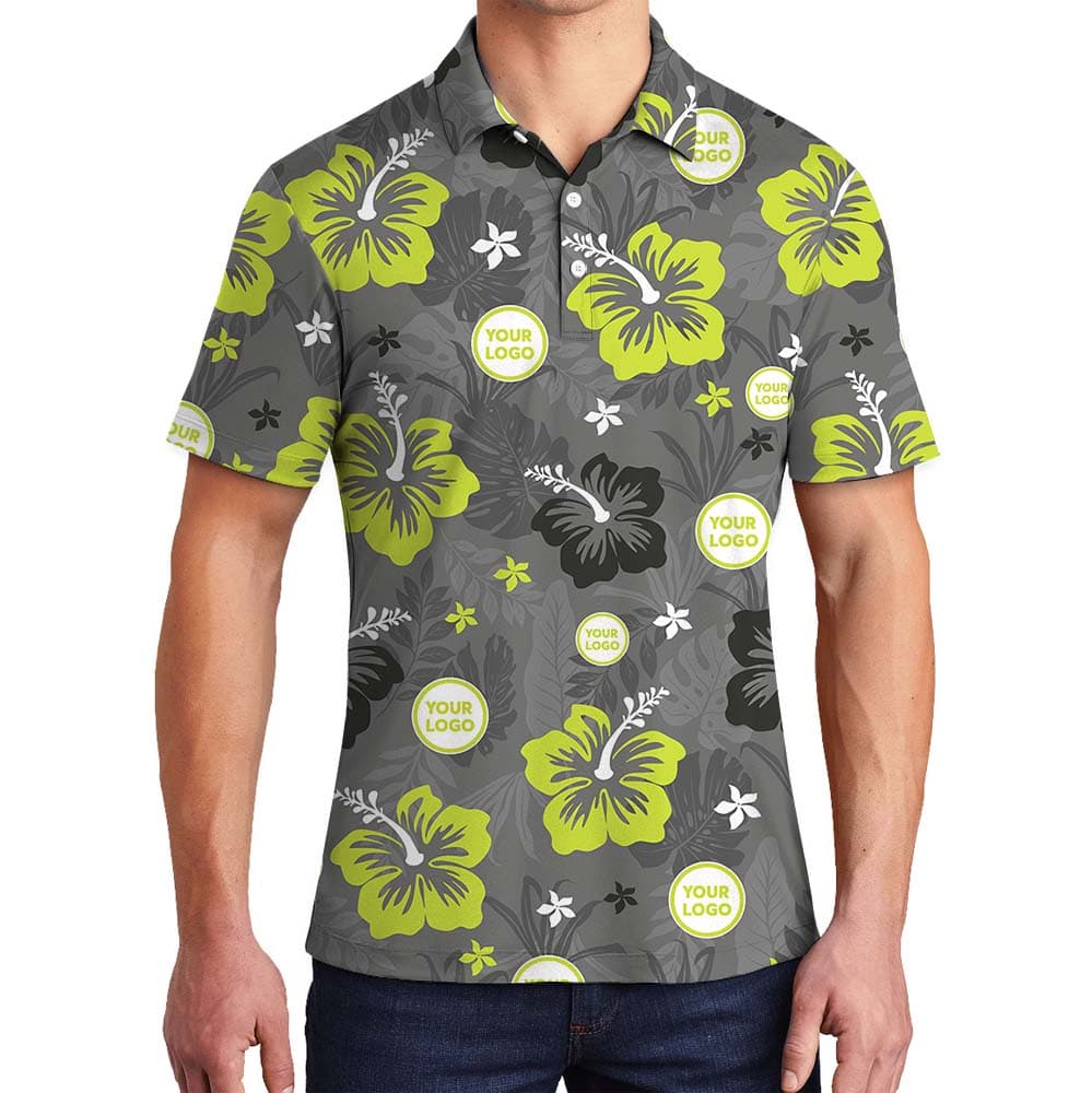 Gray Neon Floral Collared Polo Shirt With Company Logo