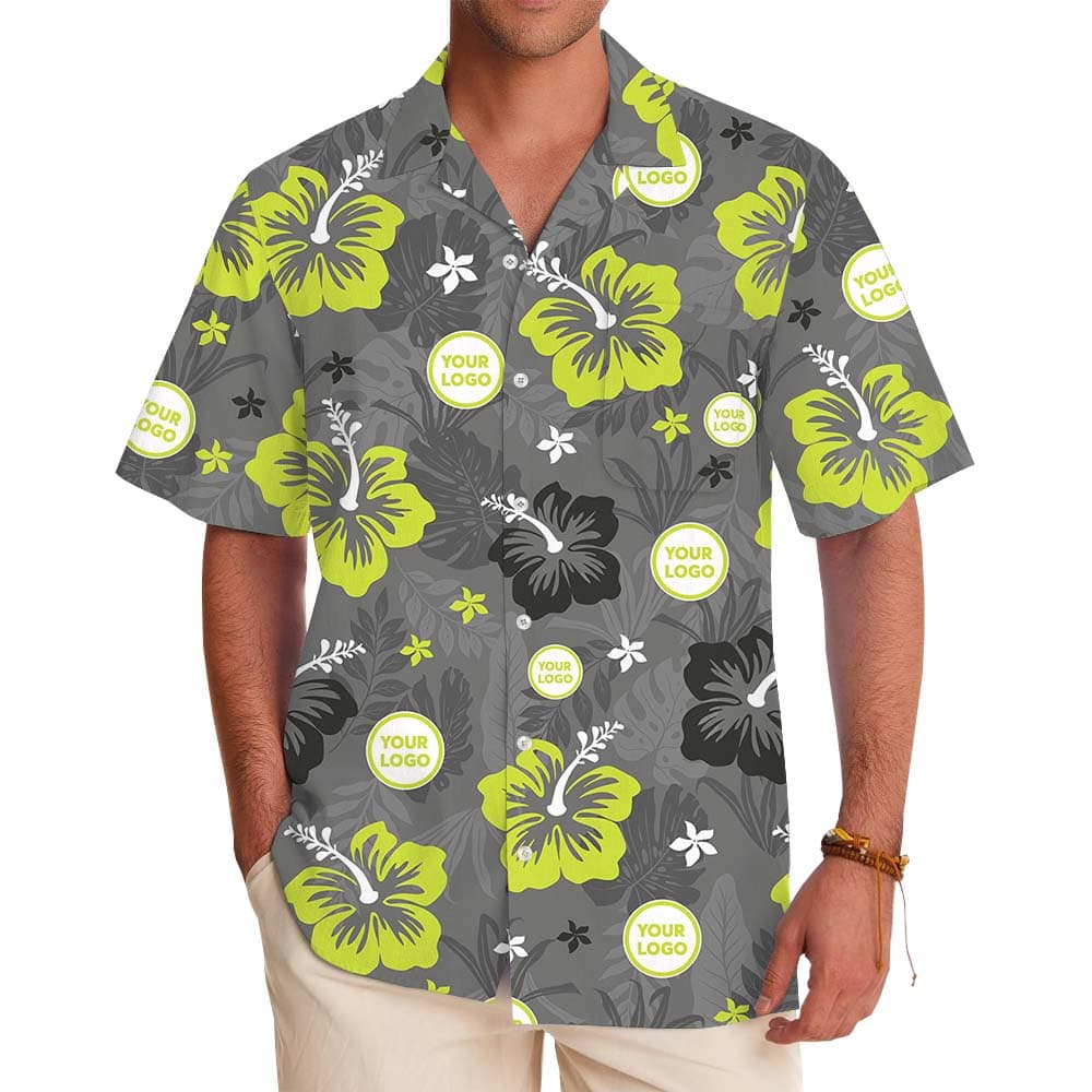 Gray Neon Floral Hawaiian Shirt With Custom Logo And Preview
