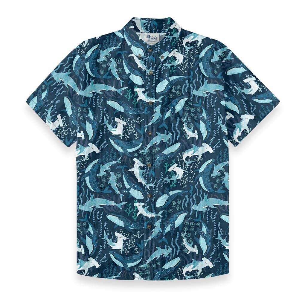 Hammerhead Shark And Whale Navy Button Down Shirt Cotton front view