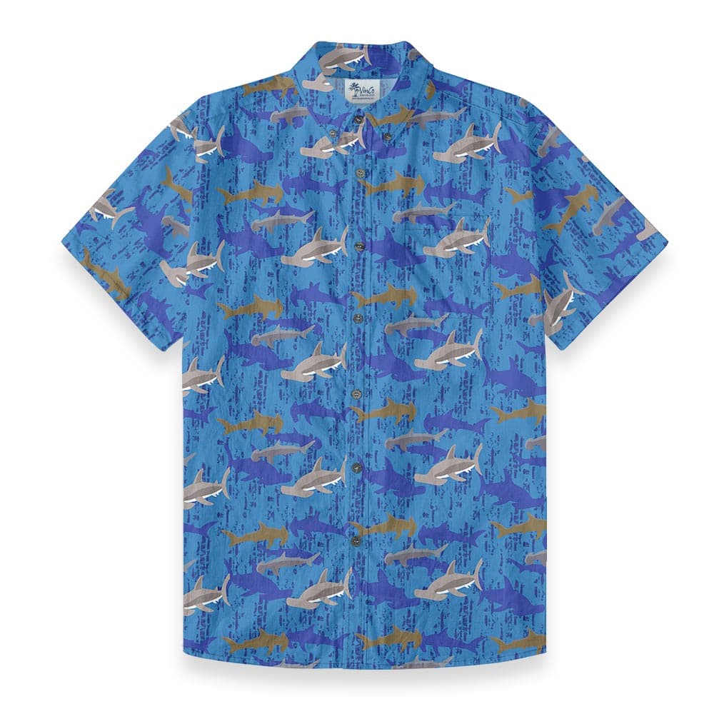 Hammerhead Shark Blue Cotton Men Button Down Aloha Shirt front view