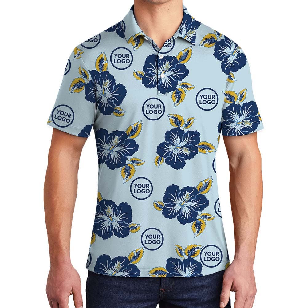 Light Blue Floral Polo Shirt With Custom Logo
