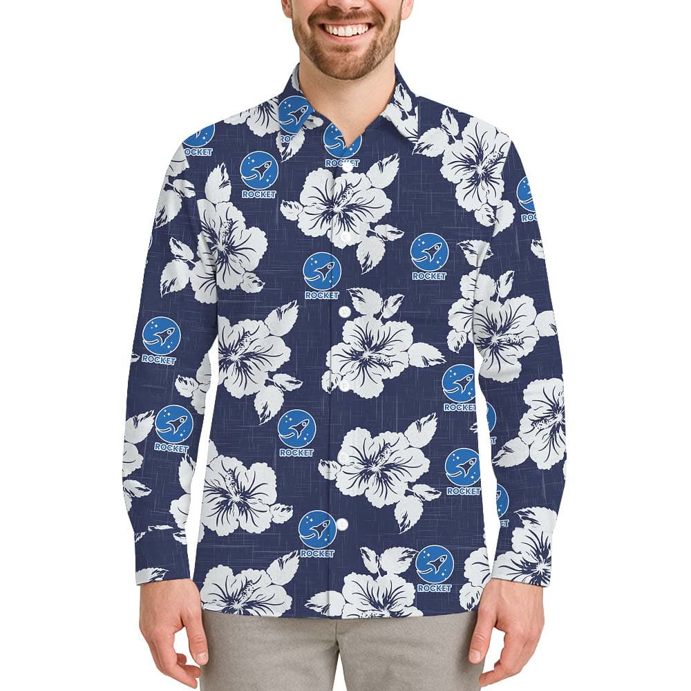 Long Sleeve Navy Hawaiian Shirt With Logo And Pocket