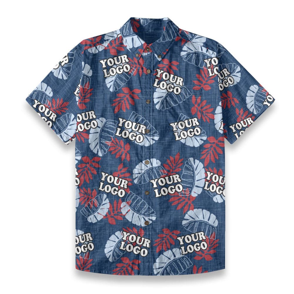 Navy Custom Button Down Cotton Hawaiian Shirt With Company Logo