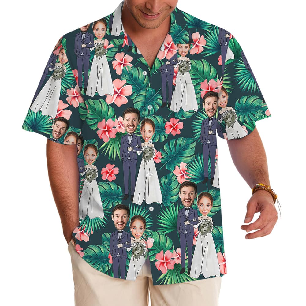 Personalized Couple Faces Wedding Tropical Hawaiian Shirts