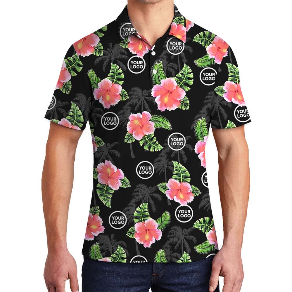 Personalized Logo Black Polo Shirt With Floral Print