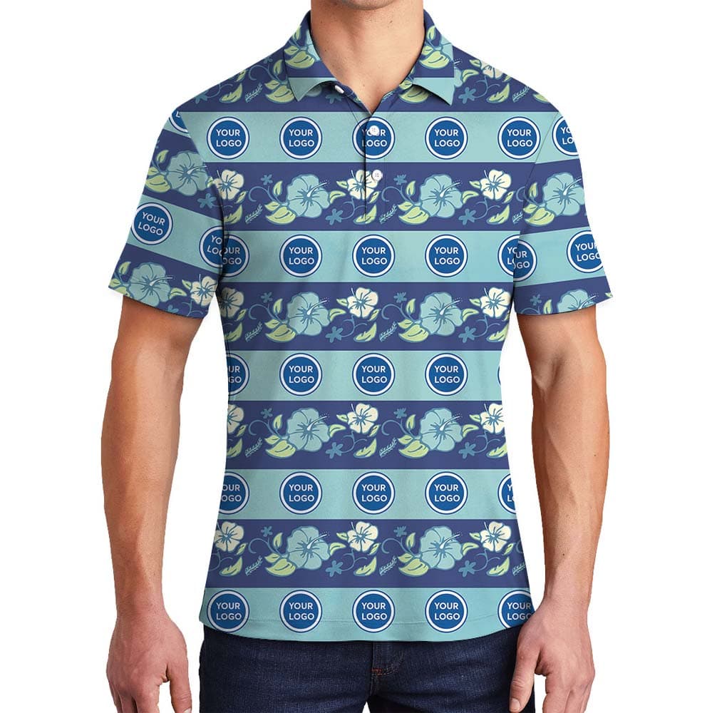 Personalized Logo Blue Polo Shirt With Floral Print
