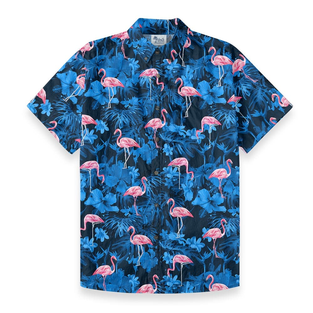 Pink Flamingo Navy Blue Hawaiian Button Down Cotton