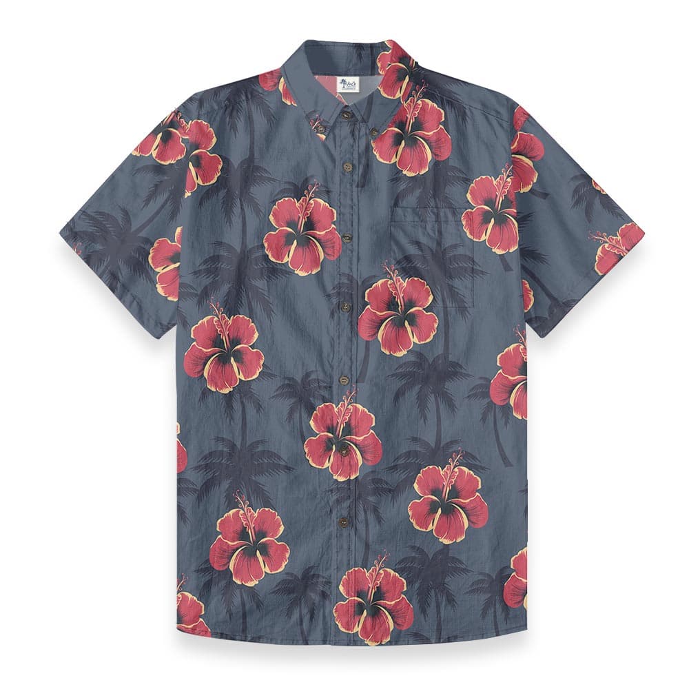 Red Hibiscus Navy Cotton Button-Down Aloha Shirt