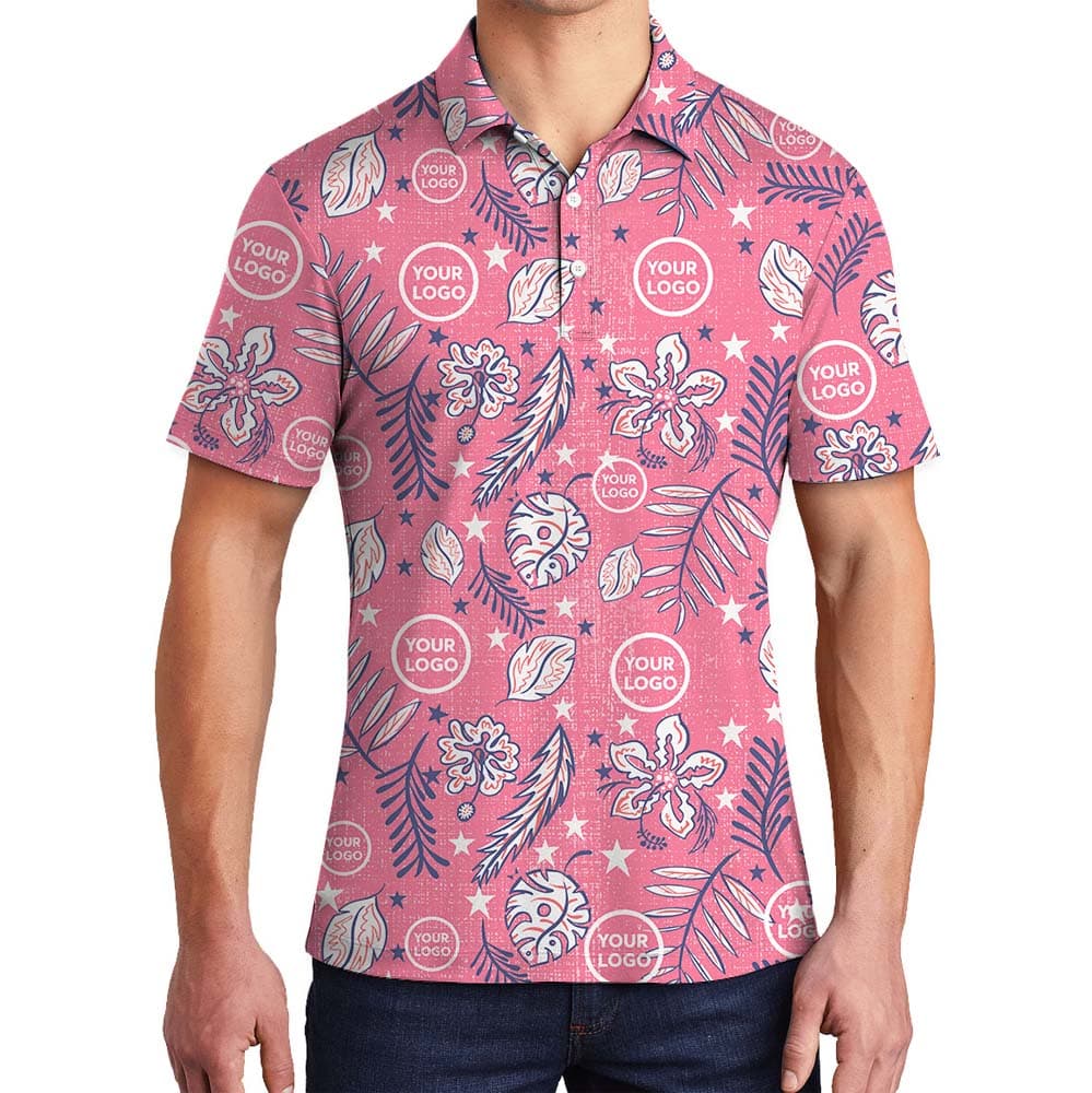 Retro Pink Floral Polo Shirt With Custom Face Or Logo