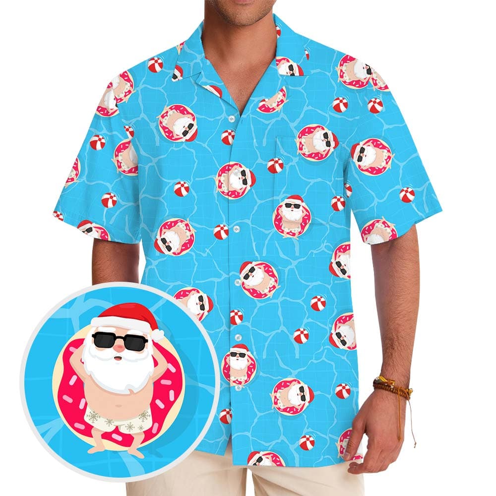 Santa Swimming Pool Blue Hawaiian Shirt