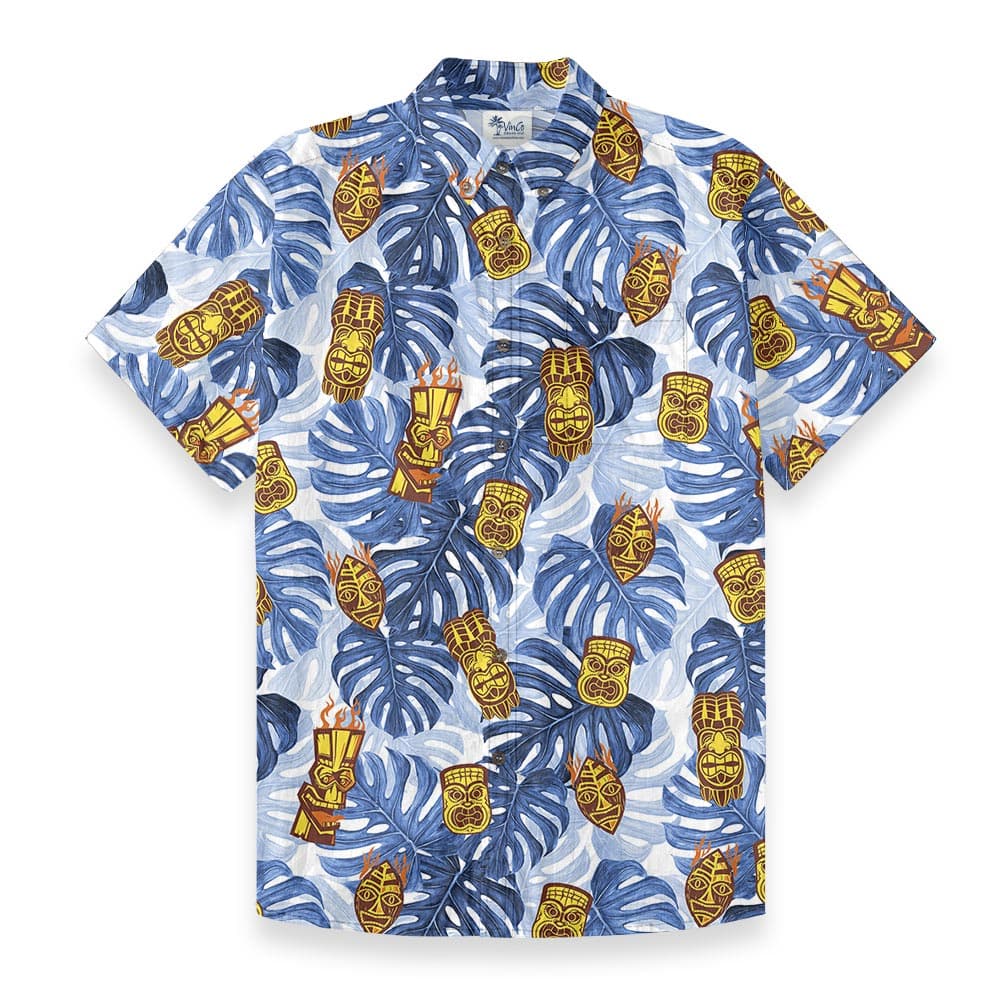 Tiki Blue Tropical Button Down Short-sleeved Shirt with coconut button front view