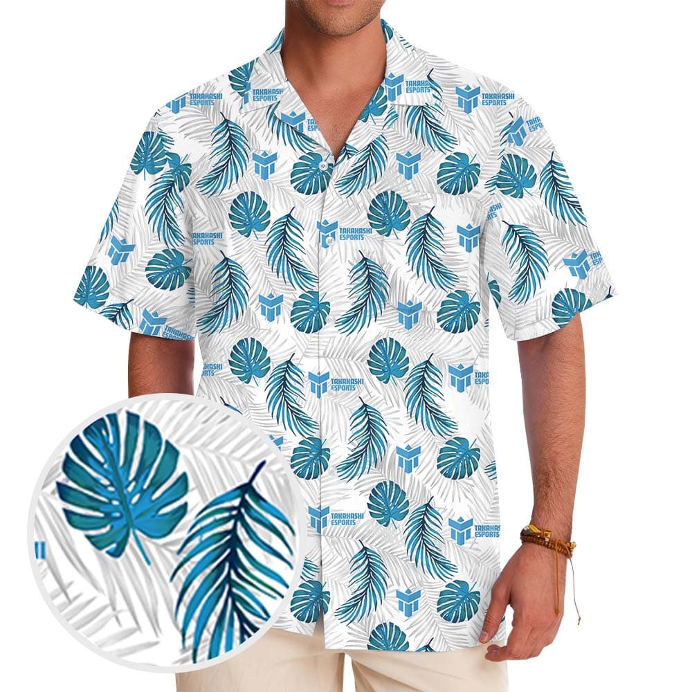 Tropical Leaves Blue And White Hawaiian Shirt With Logo