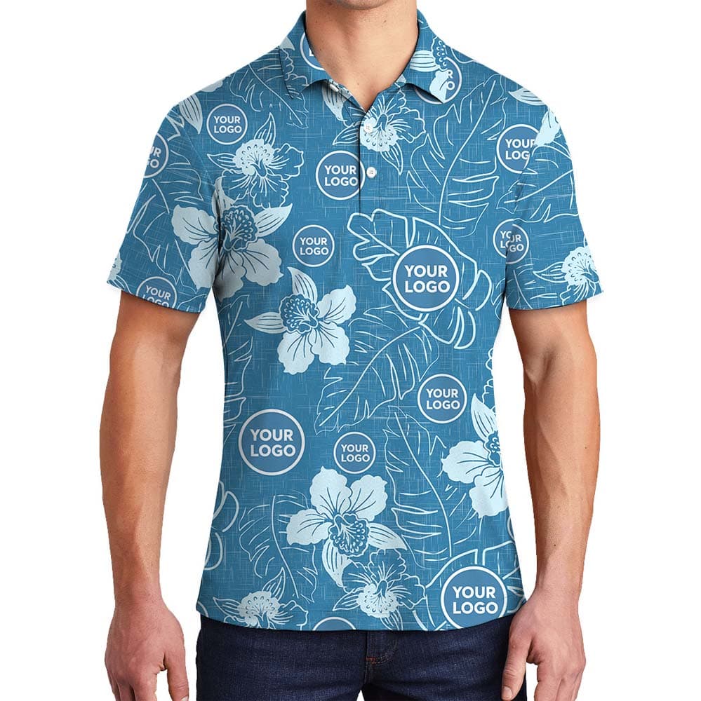 Tropical Print Blue Polo Shirt With Custom Logo