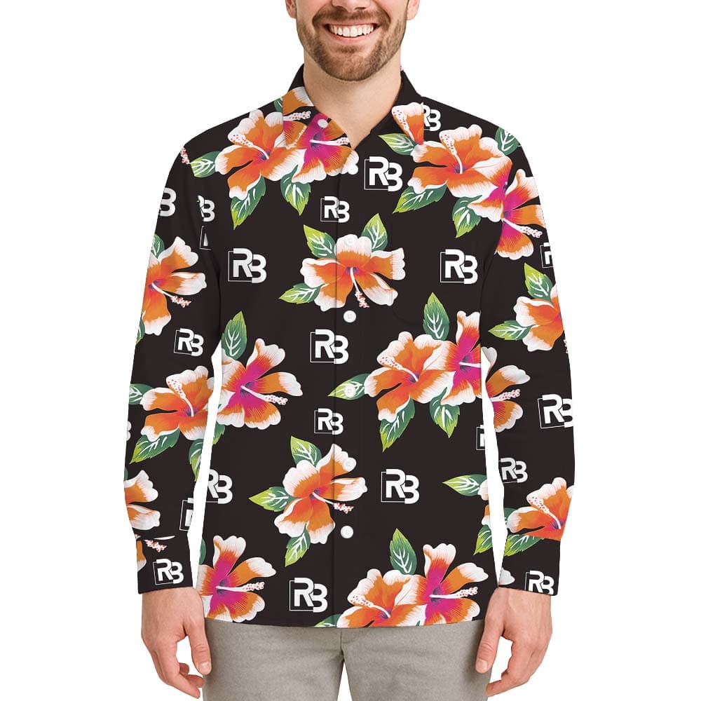 Vintage Floral Long Sleeve Black Hawaiian Shirt With Logo