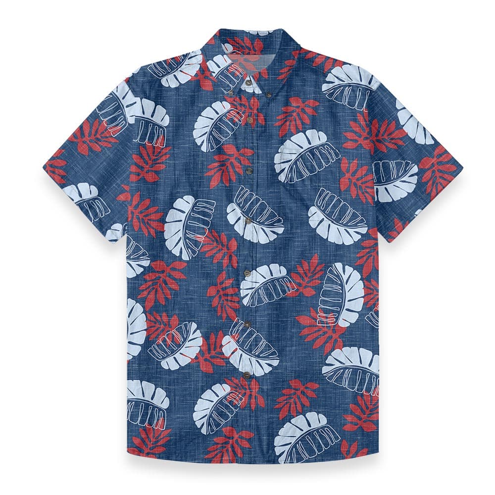 Vintage Navy Cotton Short-Sleeve Button-Down Tropical Shirt with coconut button, front view